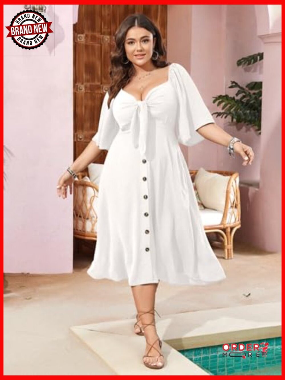 Plus Size Flowy Midi Dress with Tie Front V Neck and Smocked Back - Picture 5 of 7